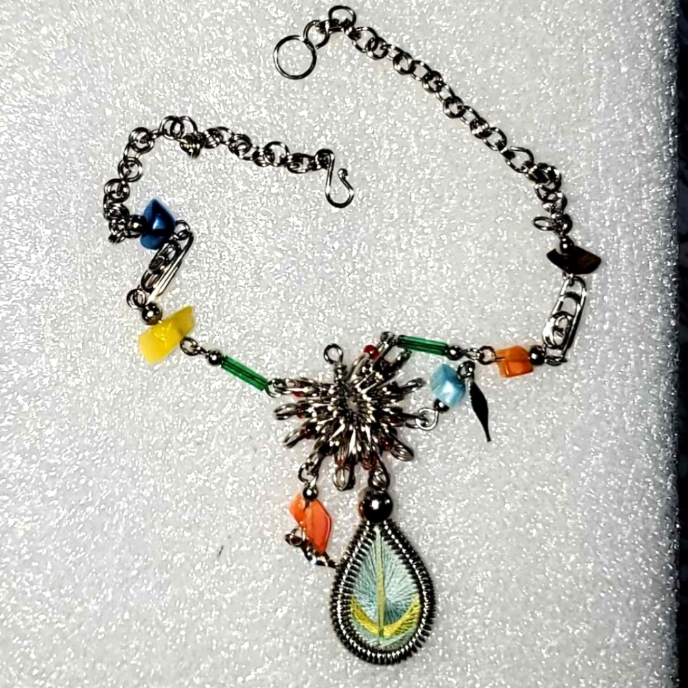 7-'8" Dangling Silver-Tone Blue & Yellow Teardrop Dreamcatcher Bracelet Native